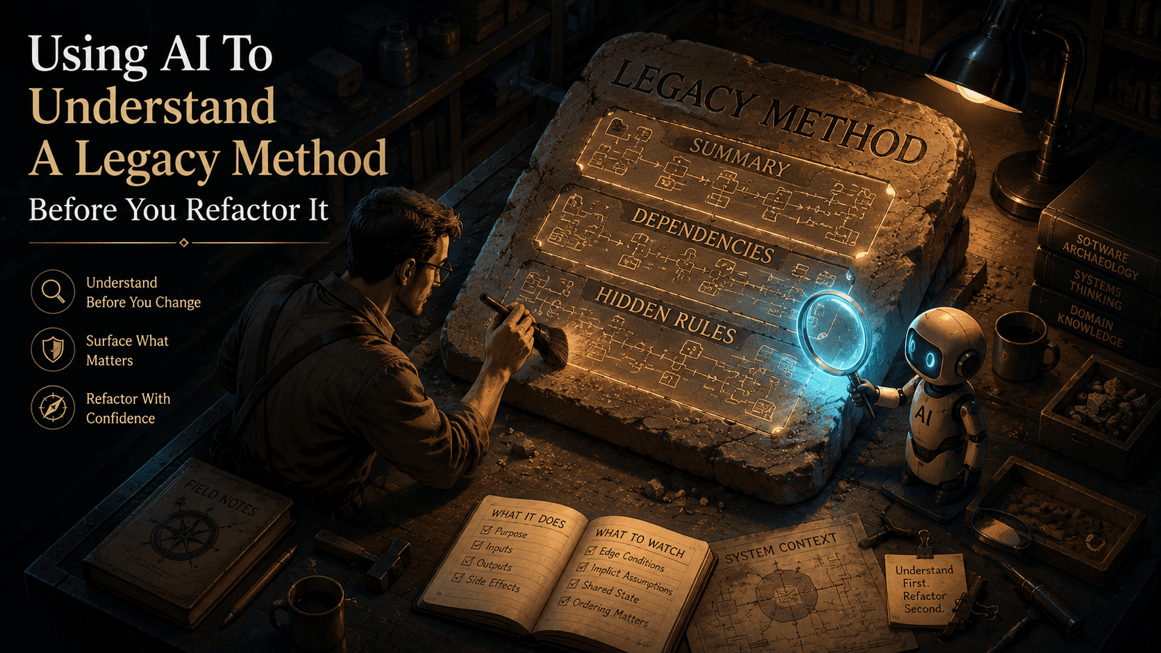 An archaeologist brushing dust off a stone tablet labeled Legacy Method, revealing three glowing rows reading Summary, Dependencies, and Hidden Rules, while an AI assistant holds a magnifying glass over it.