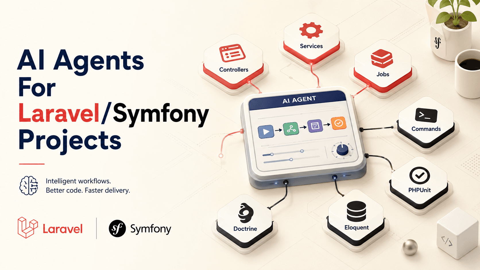 Isometric PHP backend workshop cover showing an AI agent as a workflow control panel connected to labeled modules for Controllers, Services, Jobs, Commands, PHPUnit, Doctrine, and Eloquent in Laravel red and Symfony black on a warm off-white background