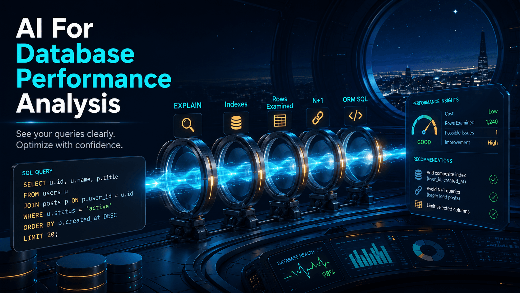 Futuristic database observatory cover with a glowing SQL query passing through lenses labeled EXPLAIN, Indexes, Rows Examined, N+1, and ORM SQL on a dark blue background with cyan and amber accents