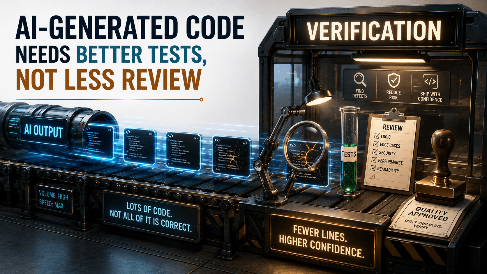 Conveyor belt of AI-generated code blocks feeding a focused quality-control inspection booth labeled Verification, where a small team checks each block with tests, review, and a contract stamp, illustrating that AI accelerates output but verification is the new bottleneck