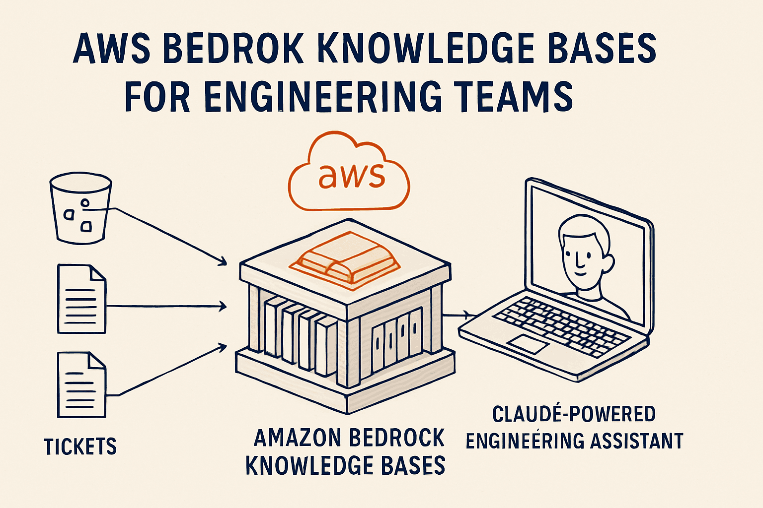Patent-style schematic of an AWS Bedrock Knowledge Bases architecture: internal data sources labeled S3, Docs, Tickets, and Runbooks feeding a managed RAG pipeline into a Claude-powered engineering assistant
