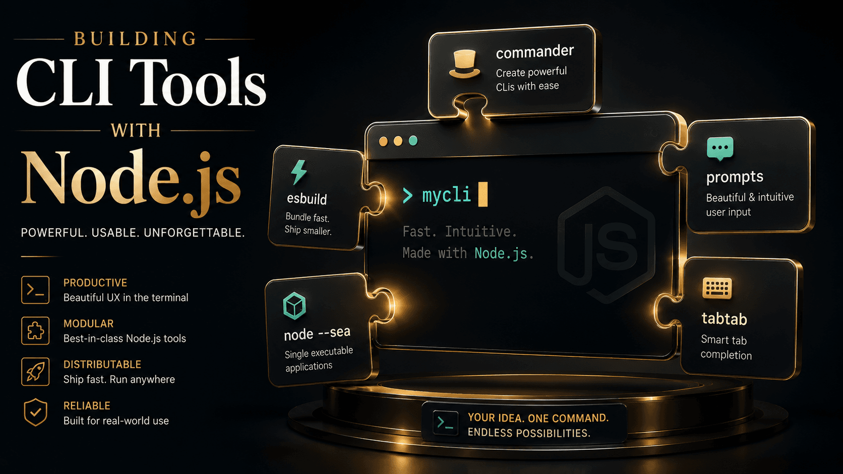 A stylised dark terminal window with a glowing cursor, surrounded by floating labelled module cards (commander, prompts, tabtab, esbuild, node --sea) snapping into it like puzzle pieces, on a deep slate background with amber and teal accents.