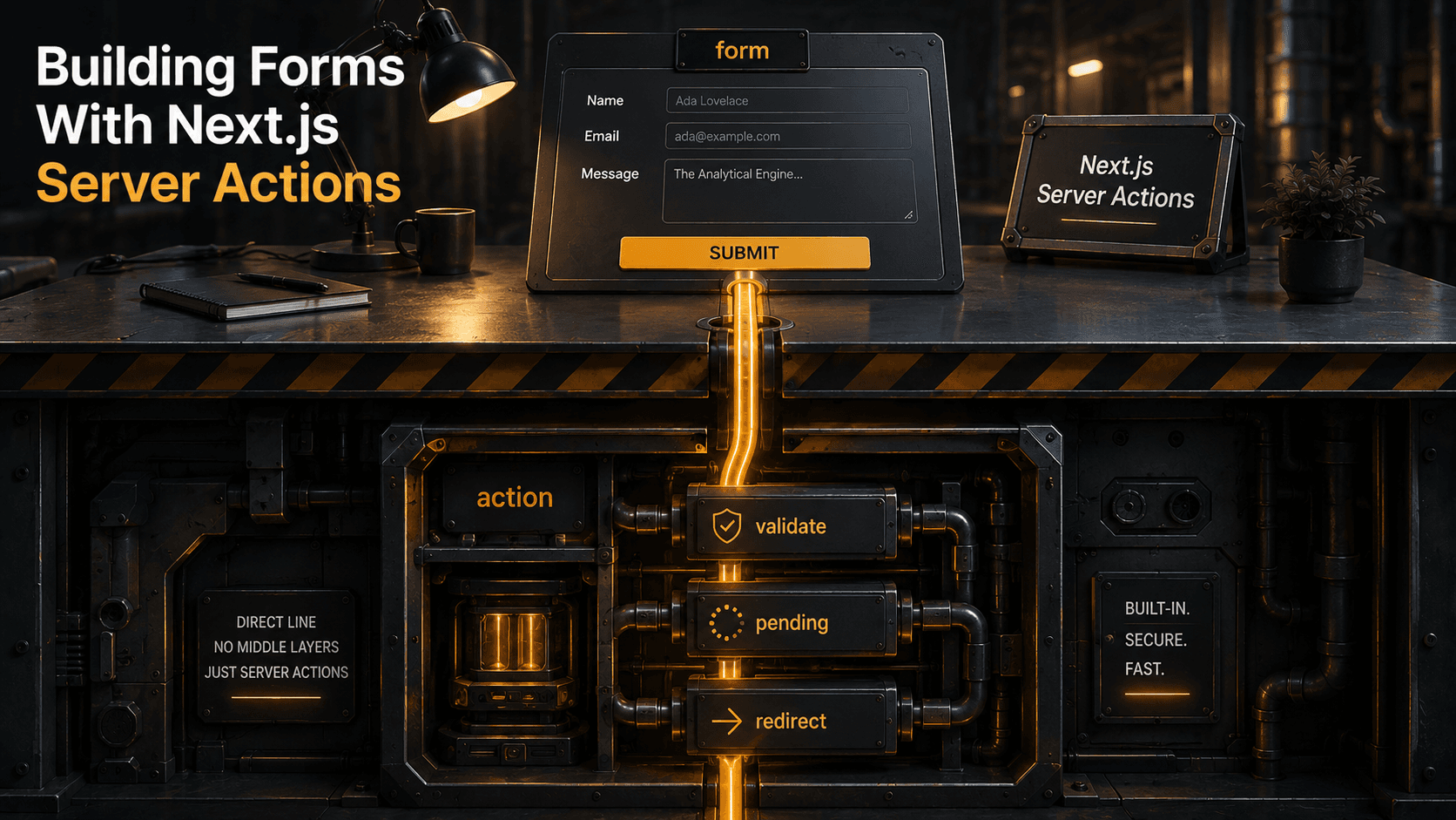Editorial cover for a Next.js Server Actions form guide: a single form on a clean desk with a glowing wire running from the submit button straight down into a server panel beneath, labelled form, action, validate, pending, redirect, on a deep slate and amber palette.