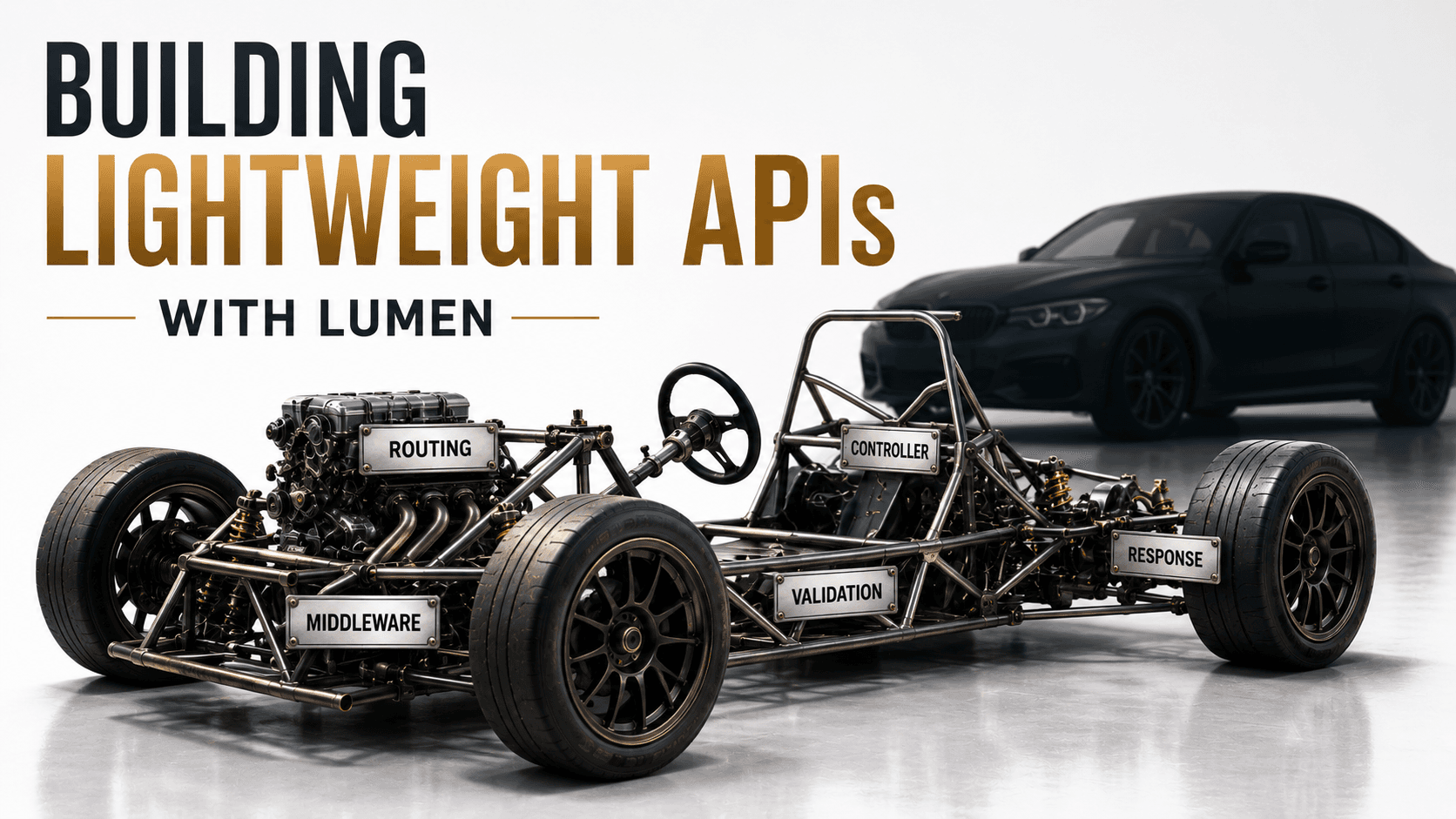 Stripped-down race-car chassis on a studio floor with chrome label tags reading Routing, Middleware, Validation, Controller, Response, beside a dim full passenger sedan silhouette for contrast