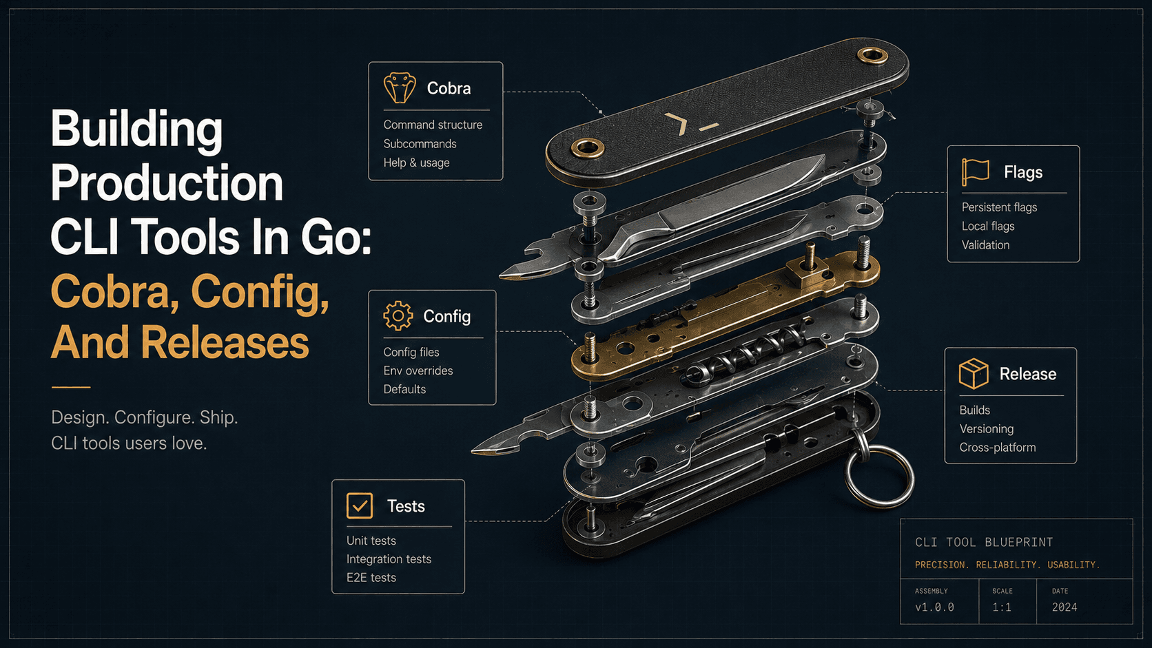 Exploded-view engineering blueprint of a precision multi-tool with labeled components representing CLI concepts: Cobra, Flags, Config, Release, Tests, rendered in deep slate and amber on a clean editorial background