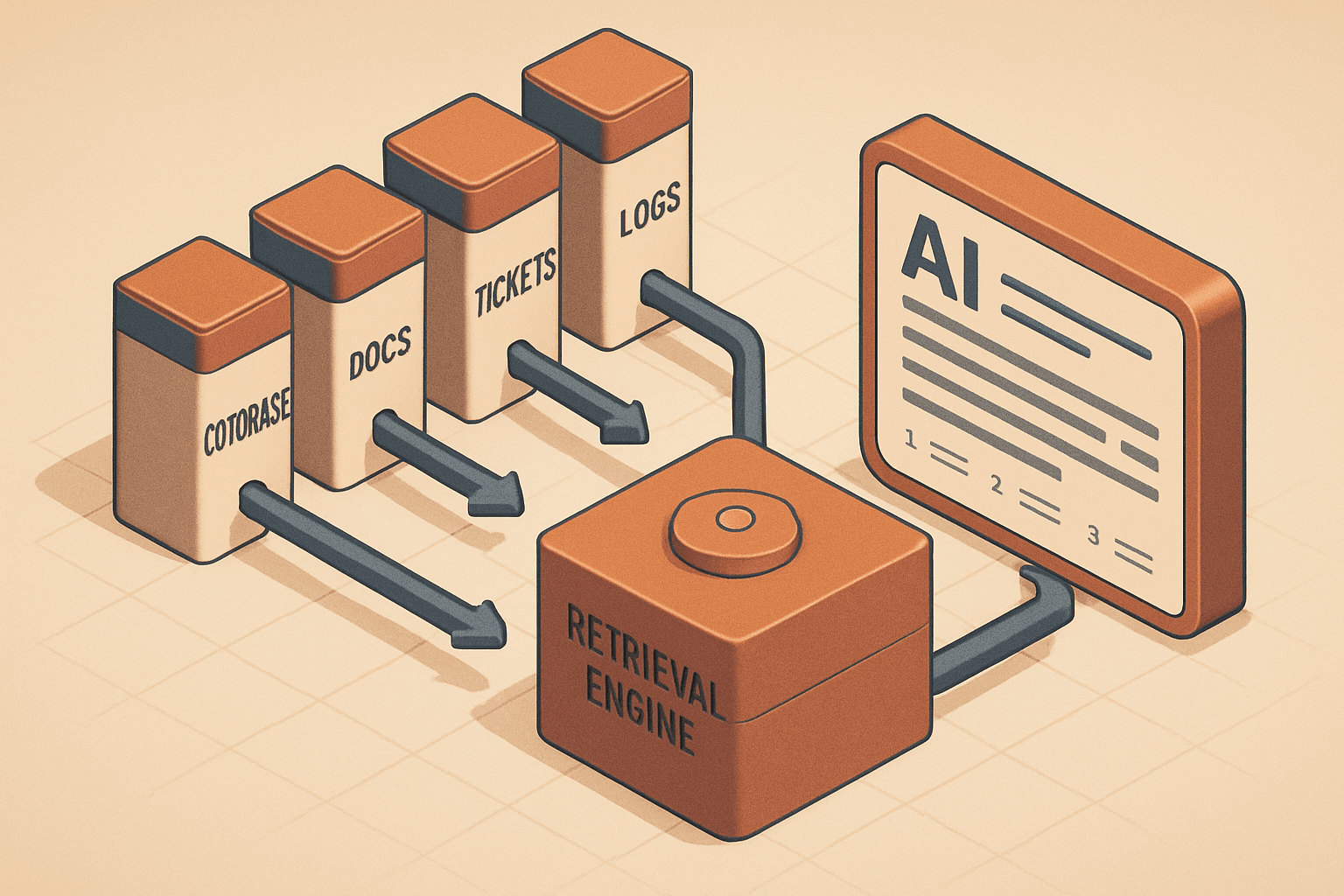 Isometric command center with four labeled data towers — Codebase, Docs, Tickets, Logs — feeding a central retrieval engine and an answer panel with source citations