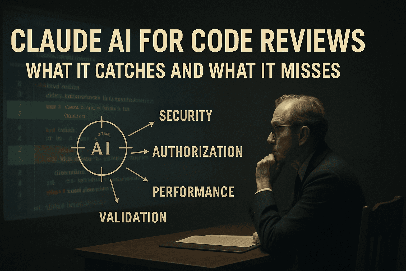 Senior engineer reviewing a projected pull request diff with an AI analysis lens labeled Security, Authorization, Validation, Performance
