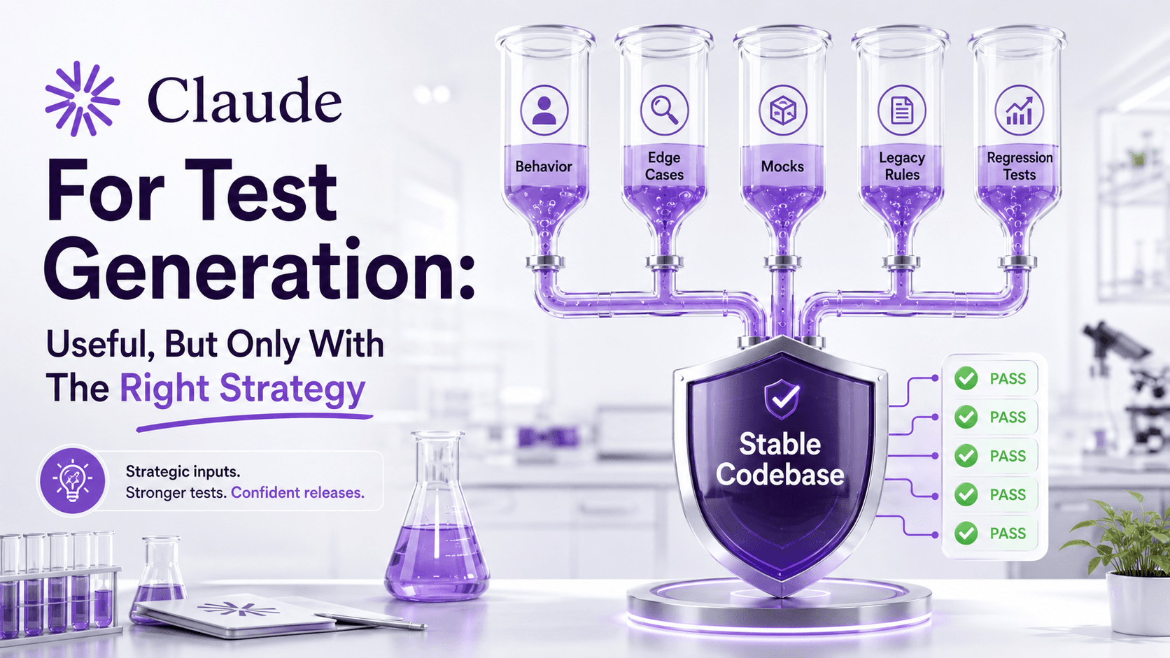 Bright laboratory testing scene with test tubes labeled Behavior, Edge Cases, Mocks, Legacy Rules, and Regression Tests feeding into a stable codebase shield, on soft white with Claude-purple accents and green pass indicators