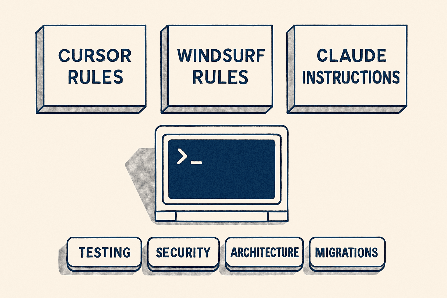 Editorial-blueprint cover with three flat instruction panels labeled CURSOR RULES, WINDSURF RULES, and CLAUDE INSTRUCTIONS feeding into a central console terminal, with four guardrail badges below labeled TESTING, SECURITY, ARCHITECTURE, MIGRATIONS, on a warm off-white background with navy and teal accents