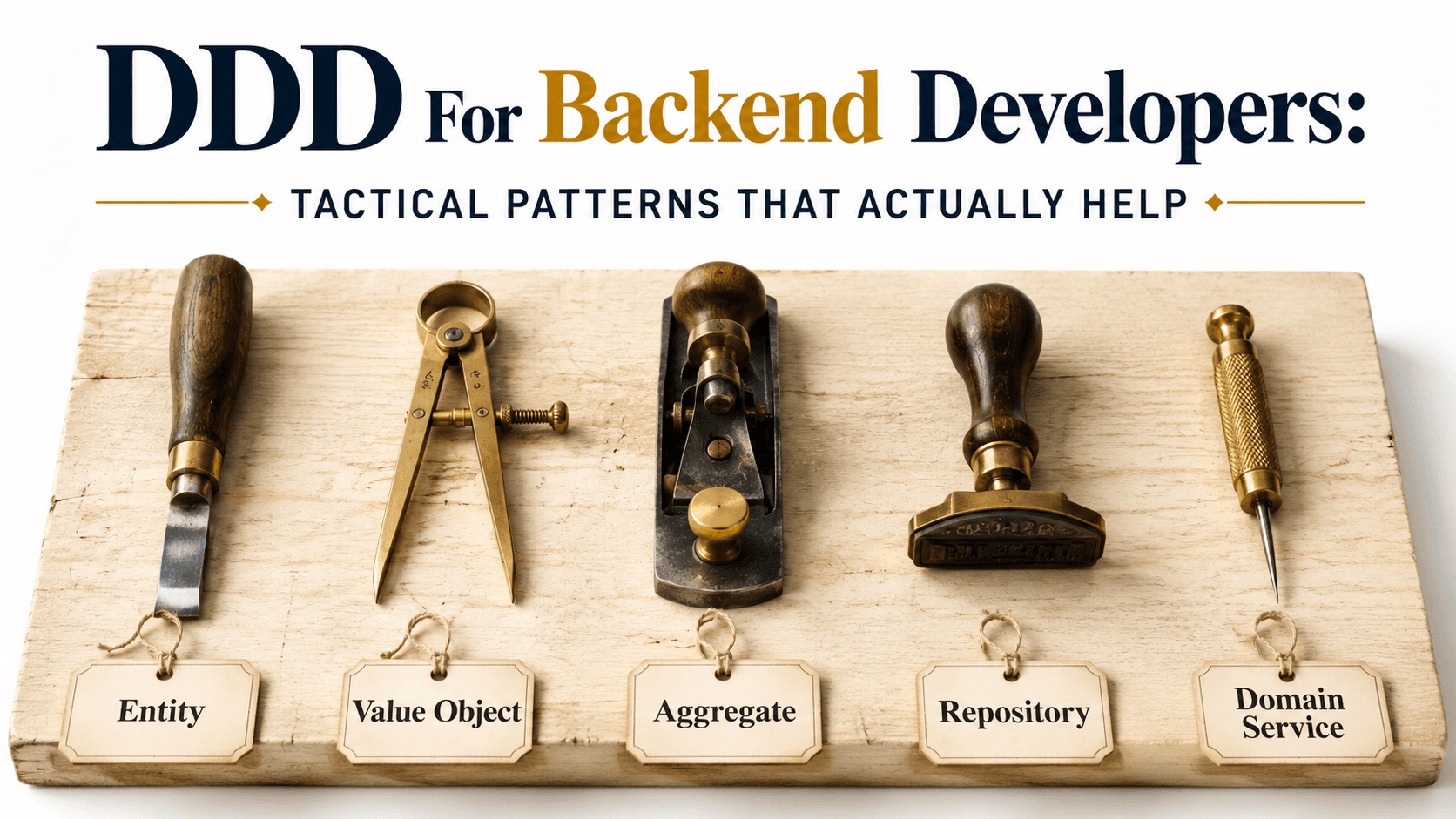 Editorial workshop-bench cover for a DDD article: five hand-tooled craftsman tools laid out in order on a deep slate surface, each tagged with a tactical pattern label (Entity, Value Object, Aggregate, Repository, Domain Service) under warm amber lighting.