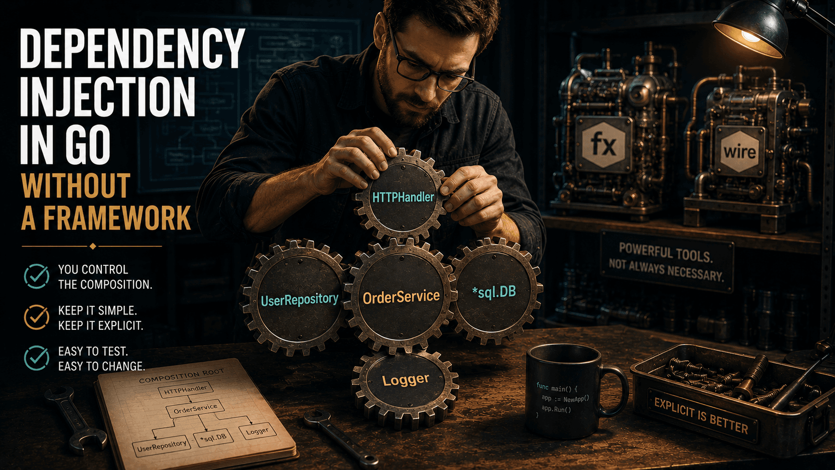 Editorial poster of a workbench where labeled gears (HTTPHandler, OrderService, UserRepository, *sql.DB, Logger) are being assembled by hand, with two pre-built machines labeled 'fx' and 'wire' sitting out of focus on a shelf.