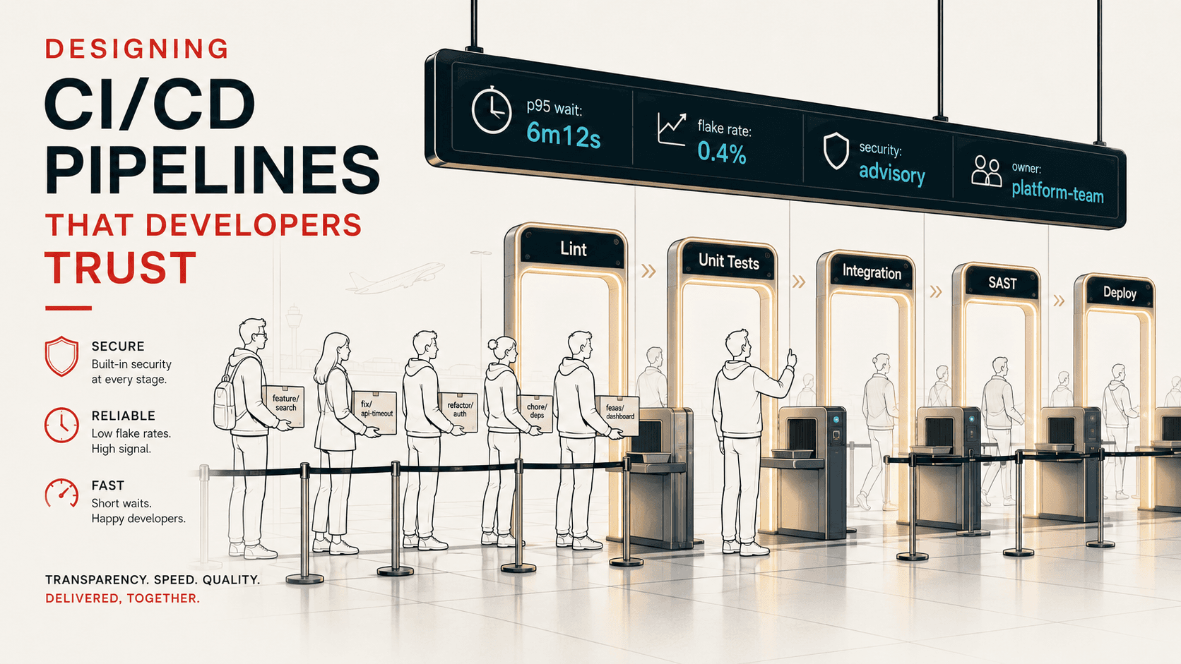 Editorial cover using an airport-security-line metaphor for a CI/CD pipeline: engineers queue at glowing checkpoint arches labeled Lint, Unit Tests, Integration, SAST, and Deploy, with a suspended dashboard showing wait time, flake rate, and ownership.