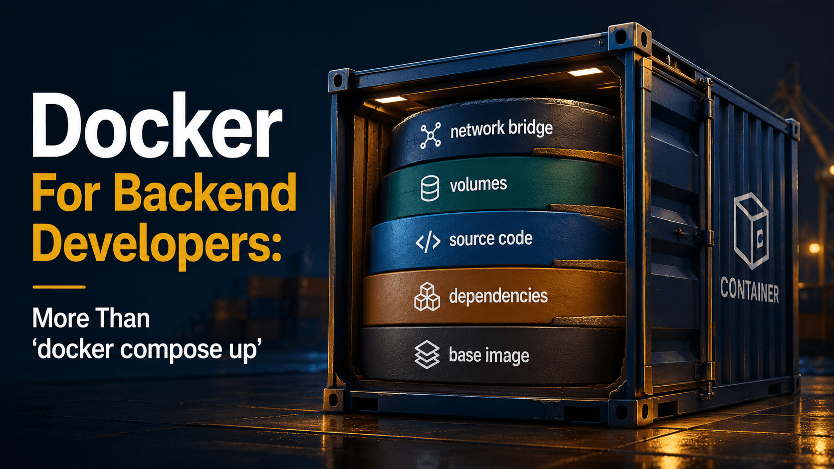 Editorial cover for a Docker tutorial: a giant shipping container split open to reveal a stacked cross-section of labelled layers (base image, dependencies, source code, volumes, network bridge, container) rendered in dark navy and warm gold tones