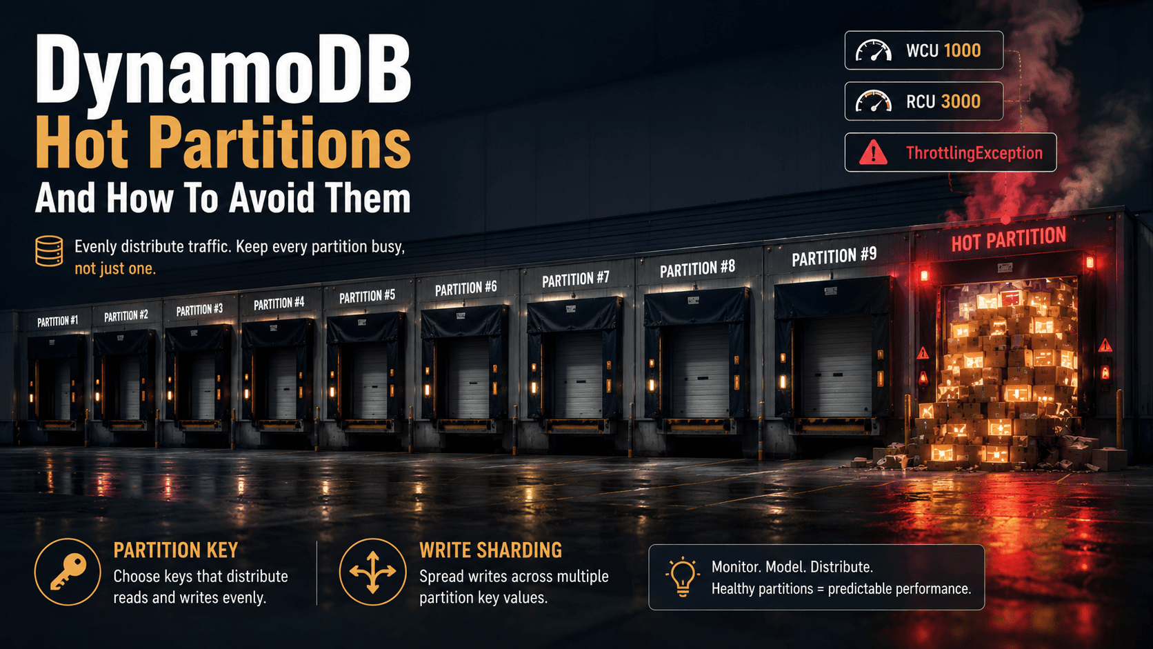 Nine idle warehouse loading docks alongside one overwhelmed dock labelled HOT PARTITION, stacked with glowing parcels and red warning lights, with floating labels for WCU 1000, RCU 3000, ThrottlingException, and write sharding.