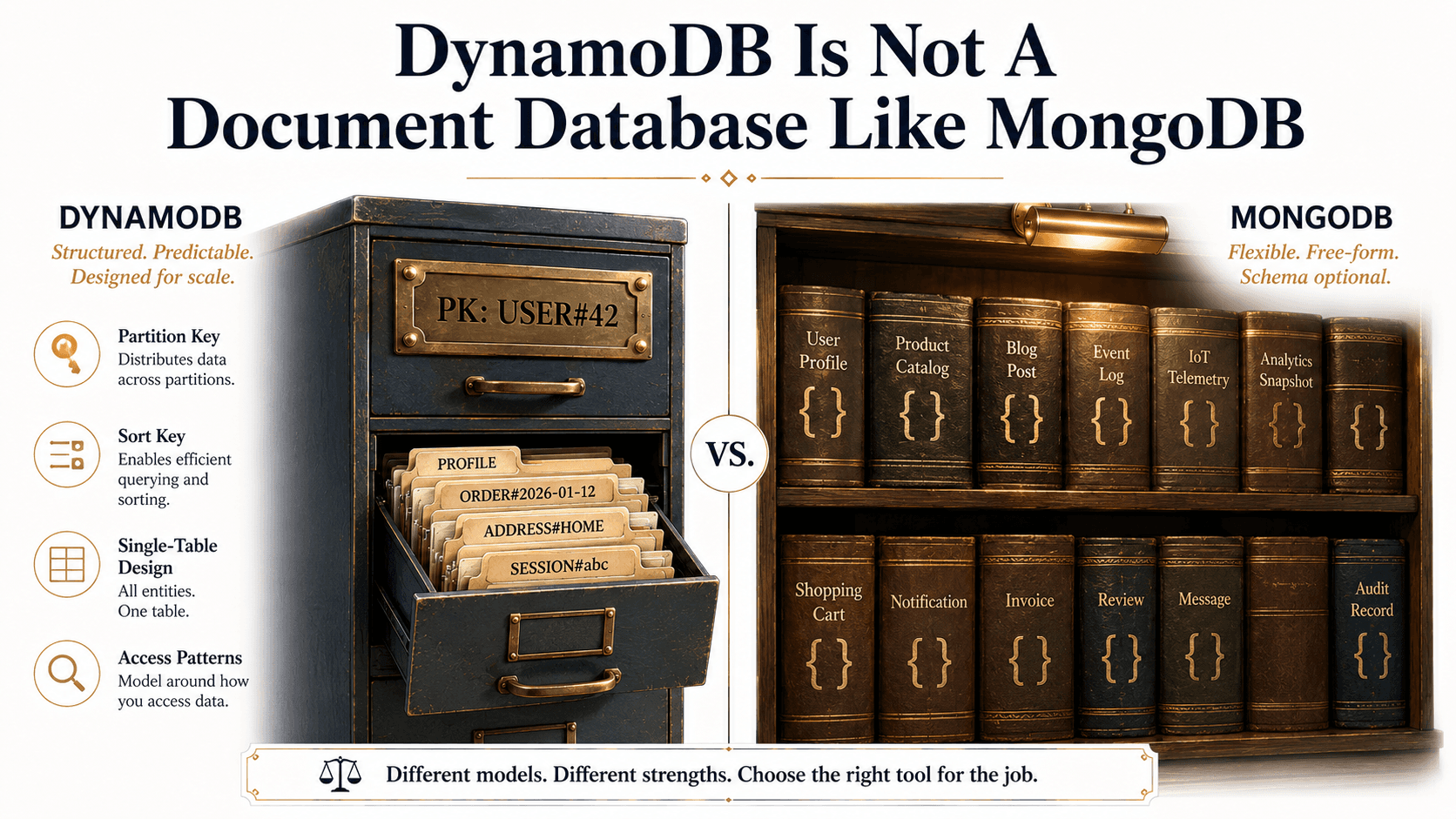 Split editorial illustration: on the left a tall filing cabinet with brass-labeled drawers showing DynamoDB partition and sort key structure; on the right a warm bookshelf with JSON-spine books, representing the document database mental model.
