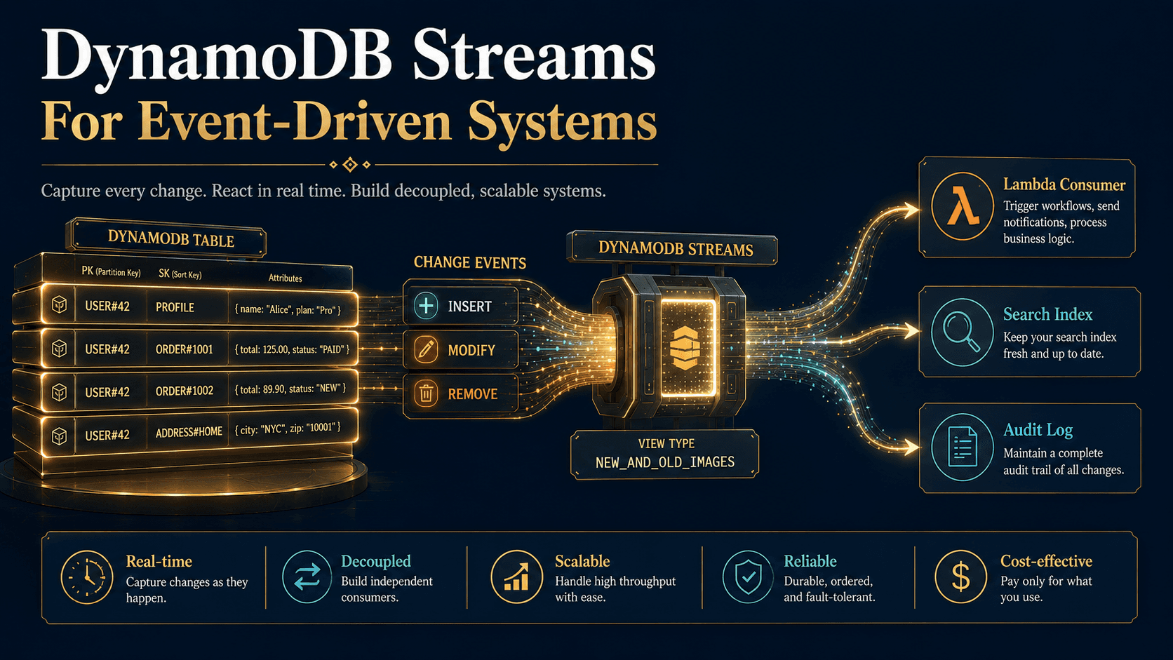 DynamoDB table with change events flowing right through a stream shard into a Lambda Consumer fanning out to Search Index and Audit Log, with INSERT, MODIFY, REMOVE, and NEW_AND_OLD_IMAGES labels on dark navy background