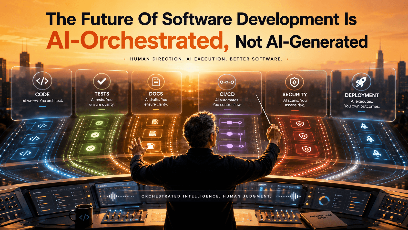 Grand orchestral control-room metaphor with a senior developer conducting workflows across code, tests, docs, CI/CD, security, and deployment lanes on a sunrise orange gradient background with glassmorphism panels