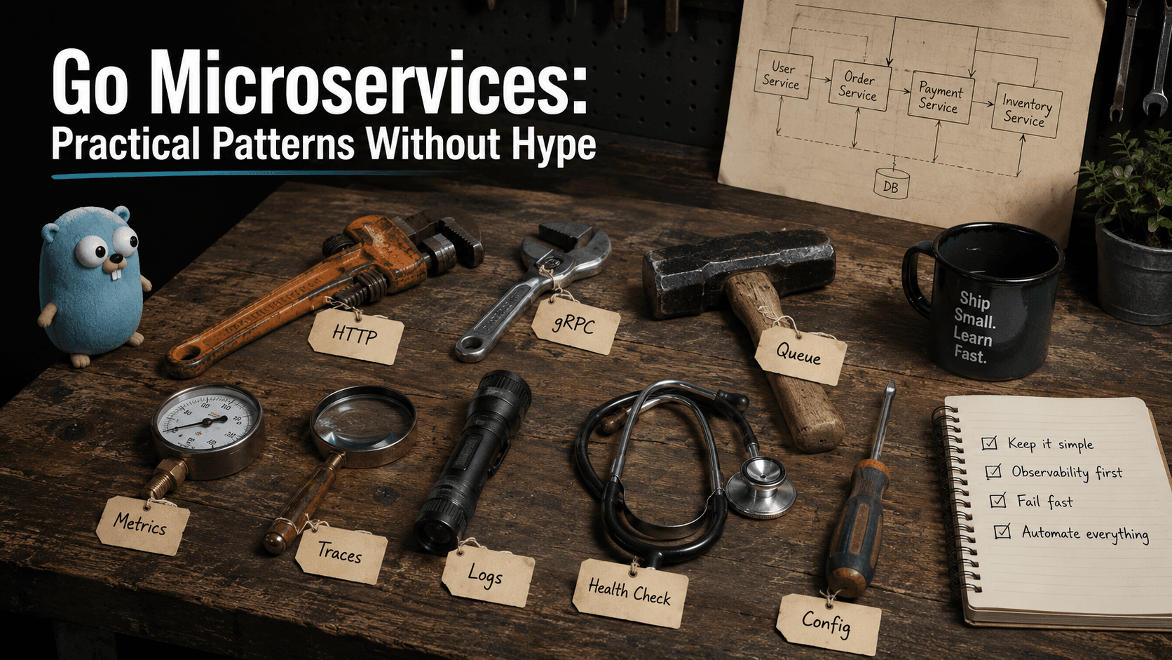 Wooden workbench shot from above with eight real tools (pipe wrench, spanner, hammer, pressure gauge, flashlight, magnifying glass, stethoscope, screwdriver) each tagged with a paper label naming a Go microservice concern: HTTP, gRPC, Queue, Metrics, Traces, Logs, Health Check, Config. A stylized Go gopher mascot sits on the left, a coffee mug reads 'Ship Small. Learn Fast.', a notepad on the right lists 'Keep it simple, Observability first, Fail fast, Automate everything', and an architecture sketch is pinned at the top-right.