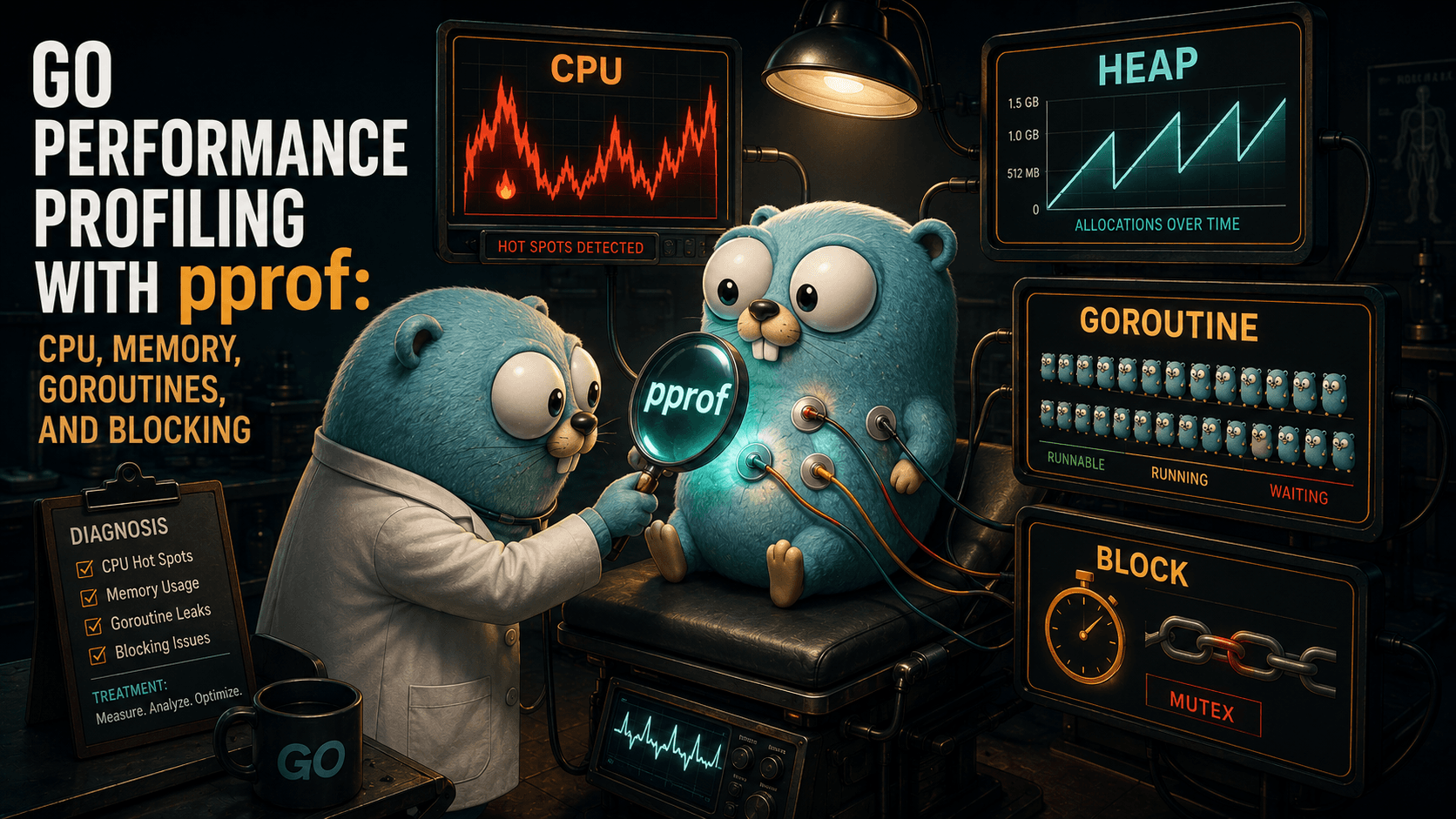 A Go gopher patient hooked up to four diagnostic monitors labeled CPU, HEAP, GOROUTINES, and BLOCK, while a second gopher in a white coat holds a pprof magnifying glass over its chest