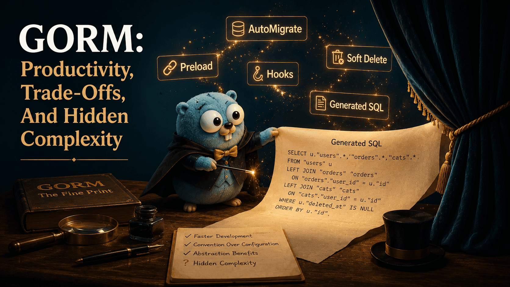 The Go gopher as a stage magician pulling a SQL query from behind a velvet curtain, with GORM concepts like AutoMigrate and Preload floating above on a teal and amber backdrop.