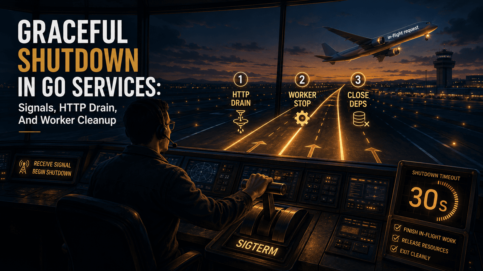 Airport control-tower shutdown scene: a controller at a SIGTERM panel faces three glowing runway lanes labeled HTTP Drain, Worker Stop, and Close Deps, with a departing plane labeled 'in-flight request' and a 30-second countdown clock on the lower right.