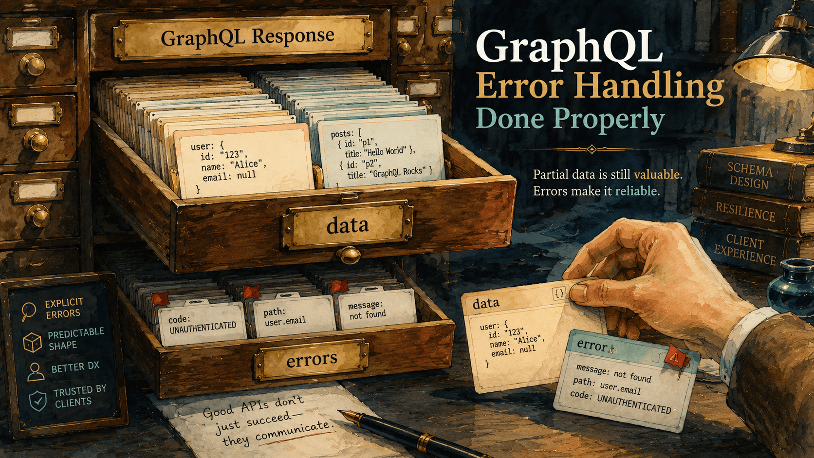 GraphQL response visualized as a card-catalog cabinet: a 'data' drawer with partial user fields and an 'errors' drawer with three red-flagged error code cards, alongside an HTTP 200 OK badge.