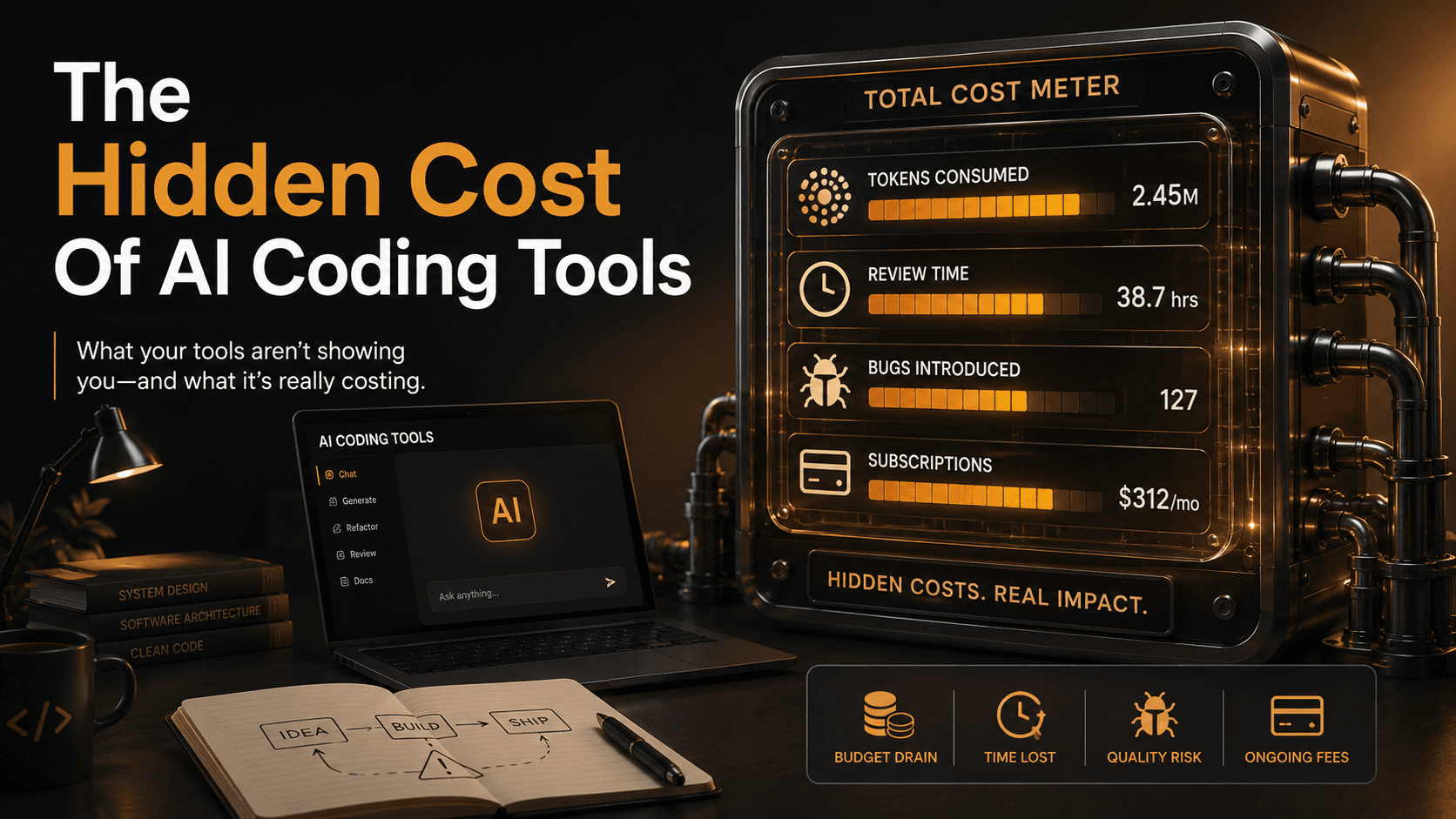 Cinematic finance-and-engineering metaphor showing a sleek developer workstation connected to a transparent cost meter measuring tokens, review time, bugs, and subscriptions, on matte charcoal with warm amber lighting