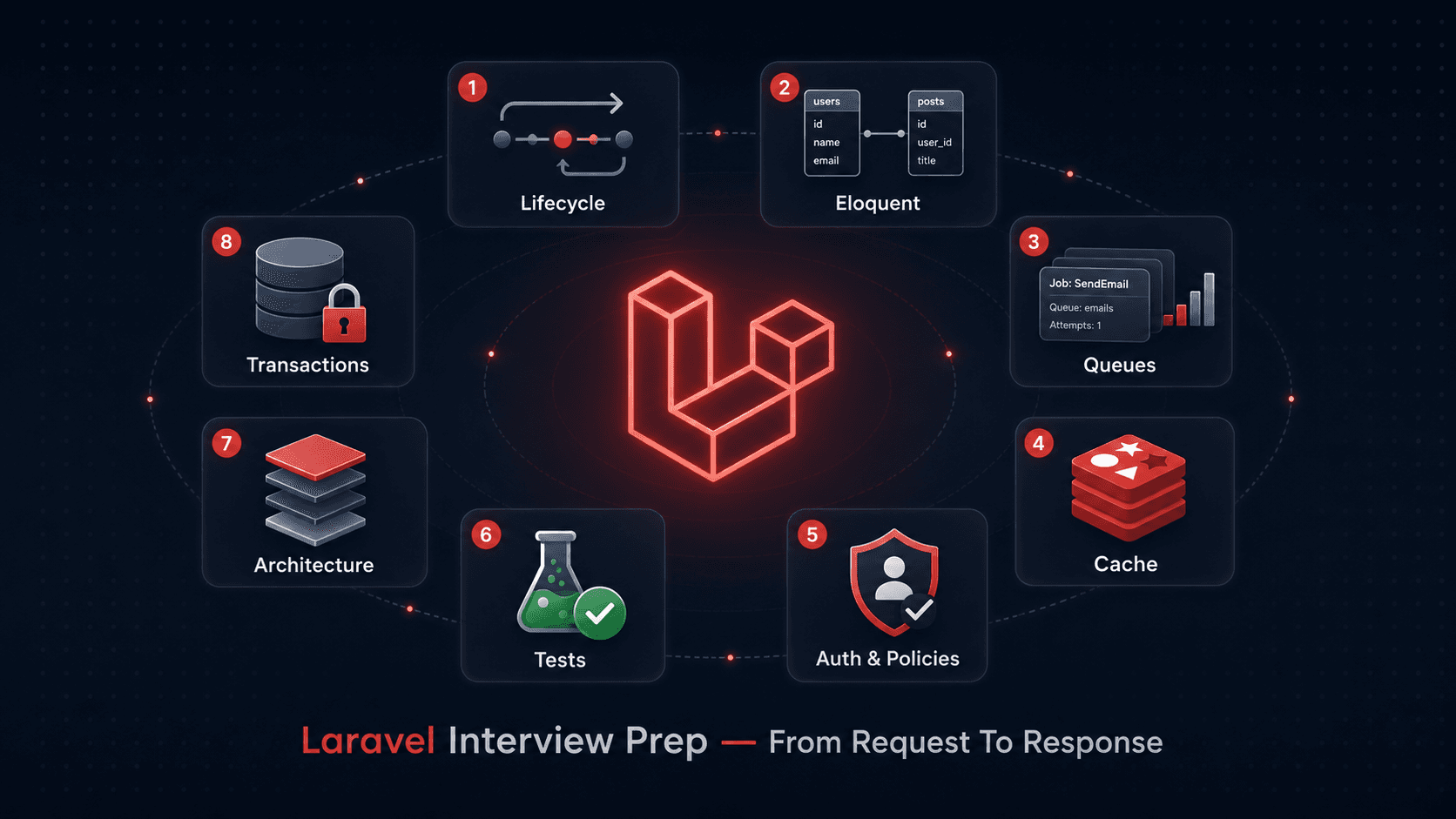 Laravel interview prep cover: a centered Laravel logomark surrounded by eight orbiting icon-cards for Lifecycle, Eloquent, Queues, Cache, Auth, Tests, Architecture, and Transactions.