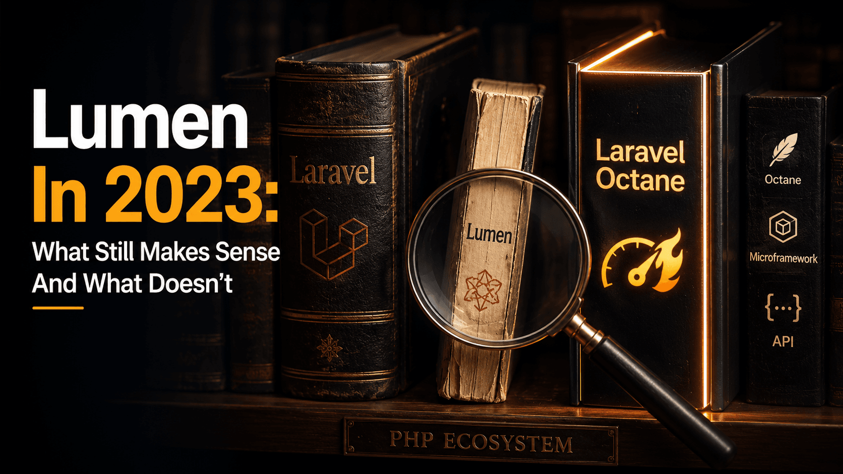 Library bookshelf metaphor: a slim worn 'Lumen' paperback between thicker 'Laravel' tomes and a glowing 'Laravel Octane' volume, with a magnifying glass hovering over the slim book