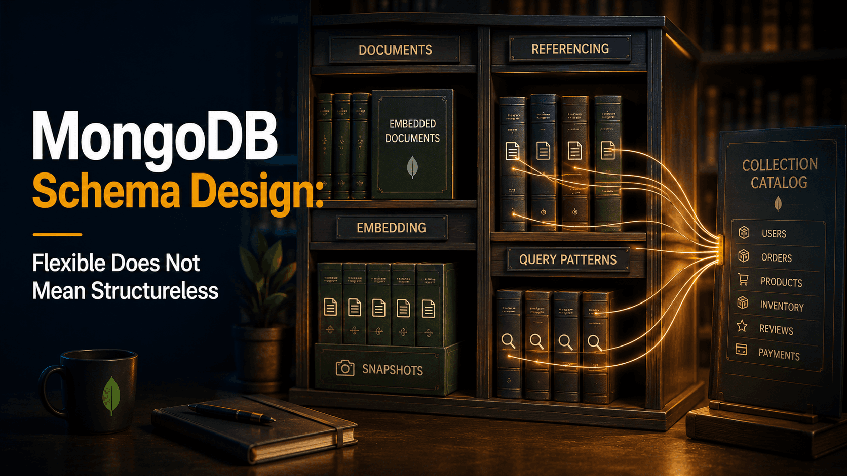 Cover illustration: a modular editorial bookshelf where some shelves hold whole boxed sets representing embedded documents, while others hold single books linked by a thin gold thread to a separate catalogue card, illustrating embedding versus referencing in MongoDB schema design.
