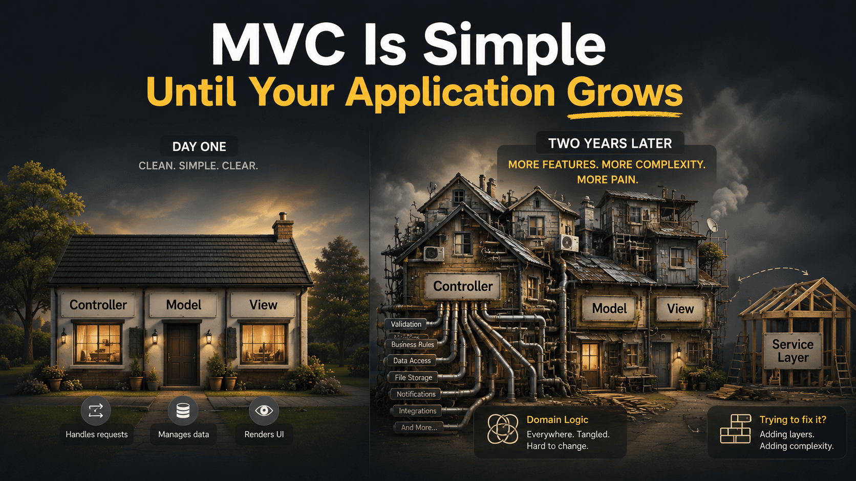 Side-by-side editorial illustration: a tidy three-room cottage labelled Controller, Model, View on the left, and the same cottage two years later sagging under extra rooms and pipes on the right, with a thin new outbuilding labelled Service Layer being built off to the side.