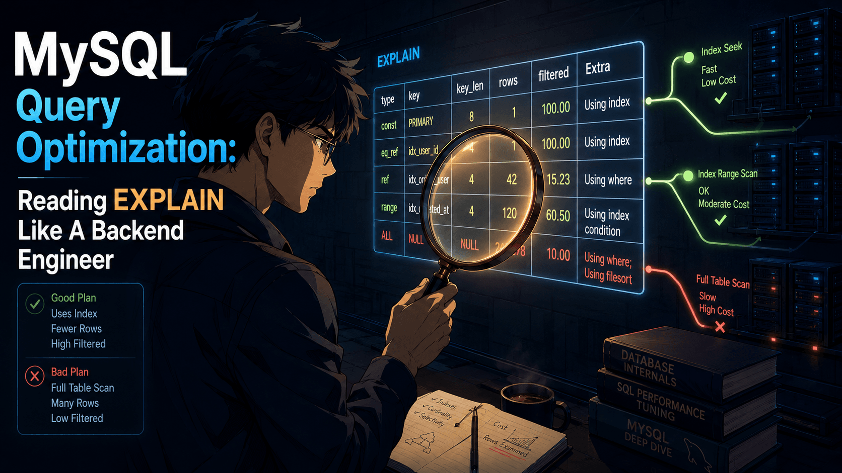 A senior backend engineer inspects an EXPLAIN execution plan with a magnifying glass, with database servers and query paths visualised in the background.