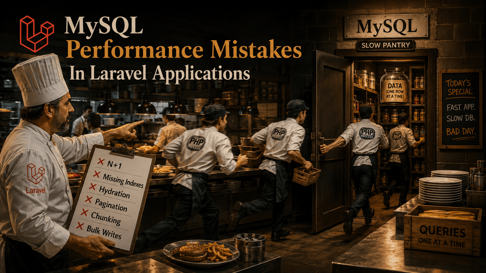 Editorial blog cover comparing a fast Laravel kitchen with a slow MySQL pantry, with line cooks running back to a single pantry one ingredient at a time while a chef points at a clipboard listing N+1, Missing Indexes, Hydration, Pagination, Chunking, and Bulk Writes.
