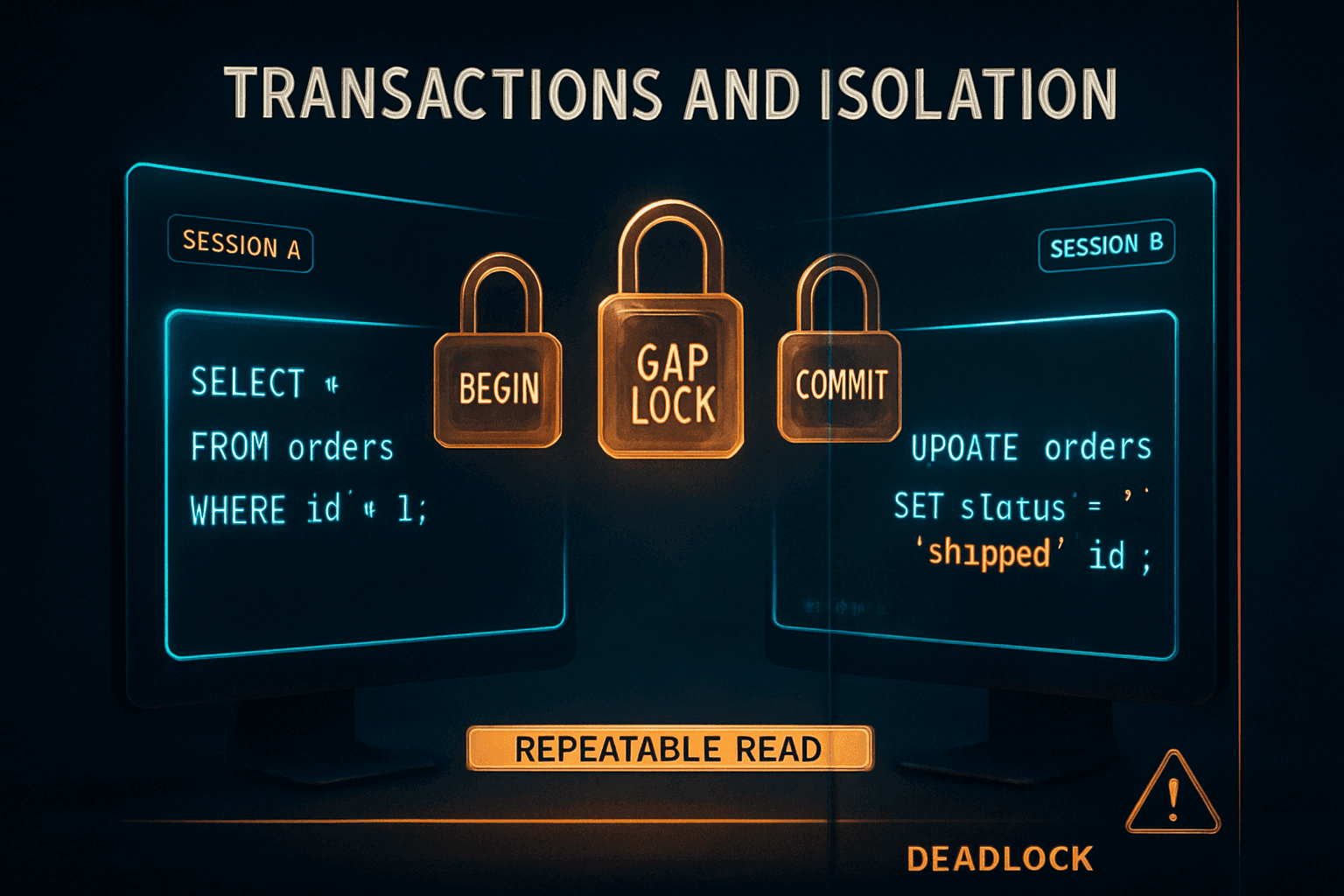 Split-screen dark-studio cover: two SQL session terminals (Session A and Session B) face each other across a glass partition, with three translucent padlocks (BEGIN, COMMIT, GAP LOCK) floating between them, an amber bar reading REPEATABLE READ, and a DEADLOCK warning glyph in the lower-right corner.