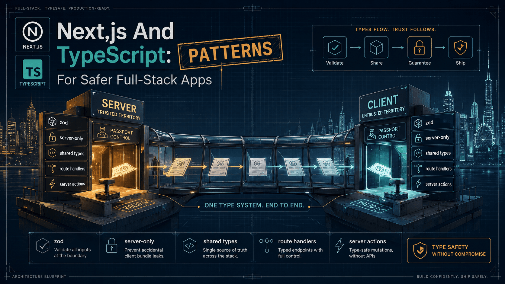Editorial cover for a Next.js and TypeScript safety guide: a glass bridge between two skylines labeled server and client, with passport-control gates at each end stamping packets that pass through, labeled zod, server-only, shared types, route handlers, and server actions.