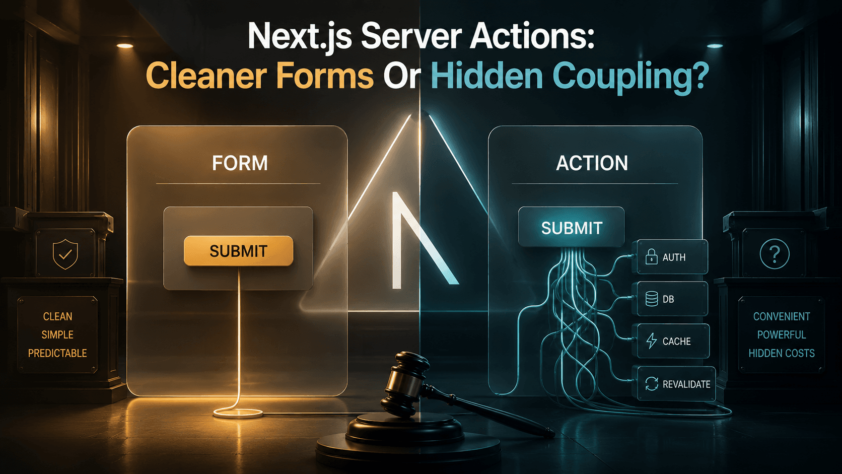 Courtroom-style split-stage cover for Next.js Server Actions: left panel labelled FORM with a tidy button, right panel labelled ACTION with the same button revealing tangled wires into hidden boxes for AUTH, DB, CACHE, and REVALIDATE, amber and teal halves on slate background