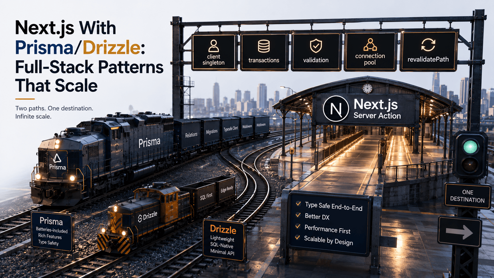 Editorial railway switchyard cover for Next.js with Prisma or Drizzle, with two parallel inbound tracks labeled Prisma and Drizzle merging into a single station platform labeled Next.js Server Action, overhead signage listing client singleton, transactions, validation, connection pool and revalidatePath.
