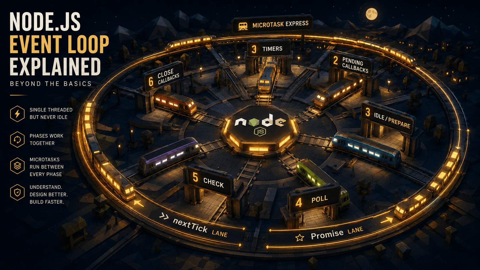 Circular night train station with six labeled platforms (Timers, Pending Callbacks, Idle/Prepare, Poll, Check, Close) and a Microtask express track looping between them, illustrating the Node.js event loop phases.