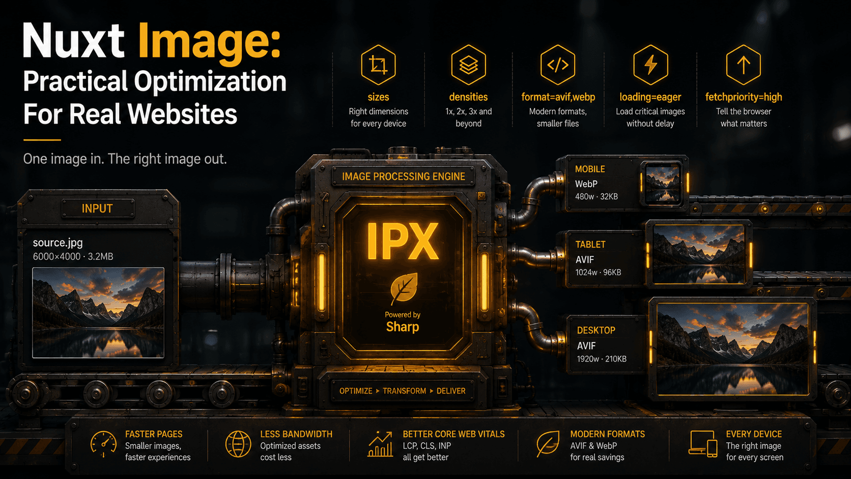 Editorial illustration of one source photo flowing through an IPX core into a small mobile WebP, a tablet AVIF, and a large desktop AVIF, with sizes, densities, and format labels above the pipeline.