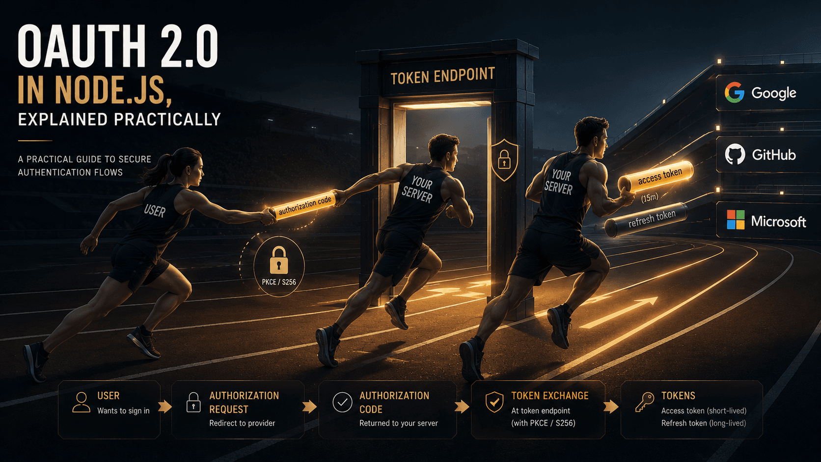A relay-race illustration where a User runner hands an authorization-code baton to a Your Server runner, who carries it through a token-endpoint gate and emerges with separate short access-token and longer refresh-token batons, a PKCE padlock over the handoff, and Google, GitHub, and Microsoft lanes behind.