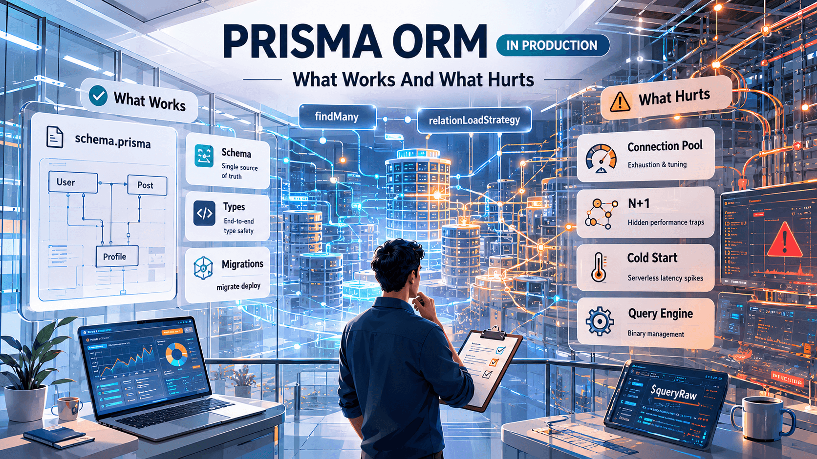 Editorial control-room cover: an engineer between a wall of clean dashboards labeled Schema, Types, Migrations and a wall of warning lights labeled Connection Pool, N+1, Cold Start, Query Engine.