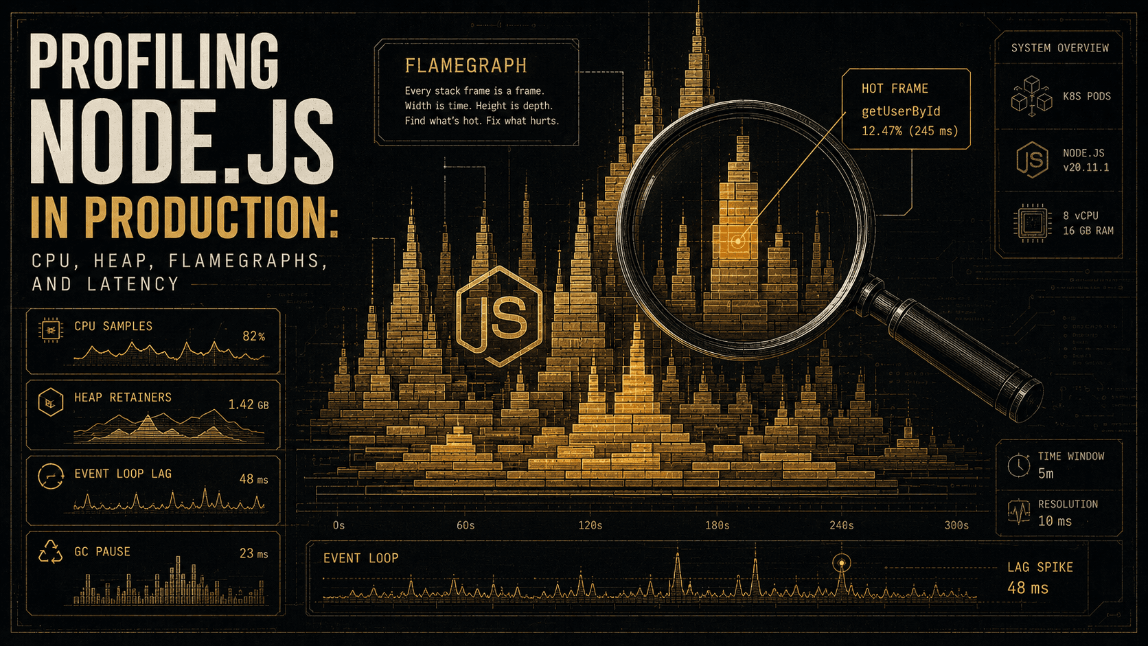 Editorial cover for profiling Node.js in production: a flamegraph rendered as a glowing skyline of stacked rectangles with a magnifying glass over one hot frame, labeled CPU samples, heap retainers, event loop lag, flamegraph, and GC pause.