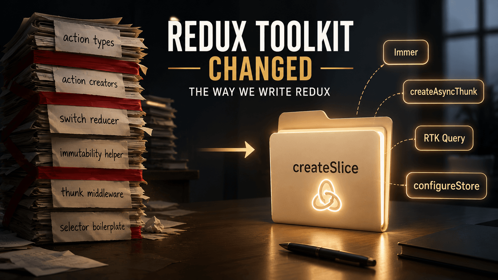 A stack of red-taped paperwork labelled with old Redux boilerplate on the left, set against a single glowing createSlice folder on the right ringed by tags for Immer, createAsyncThunk, RTK Query, and configureStore.