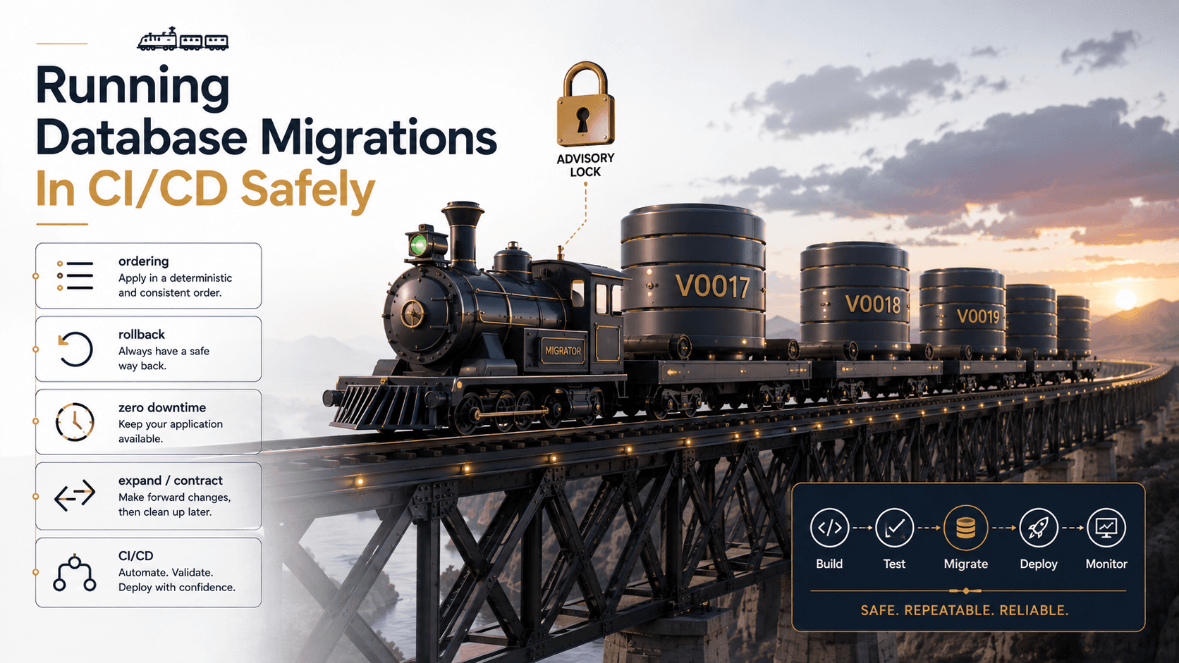 Editorial cover: a freight train of database migration cars labeled V0017, V0018, V0019 crossing a long trestle bridge at dusk, with a green signal lamp at the locomotive and a small advisory-lock padlock floating above it.