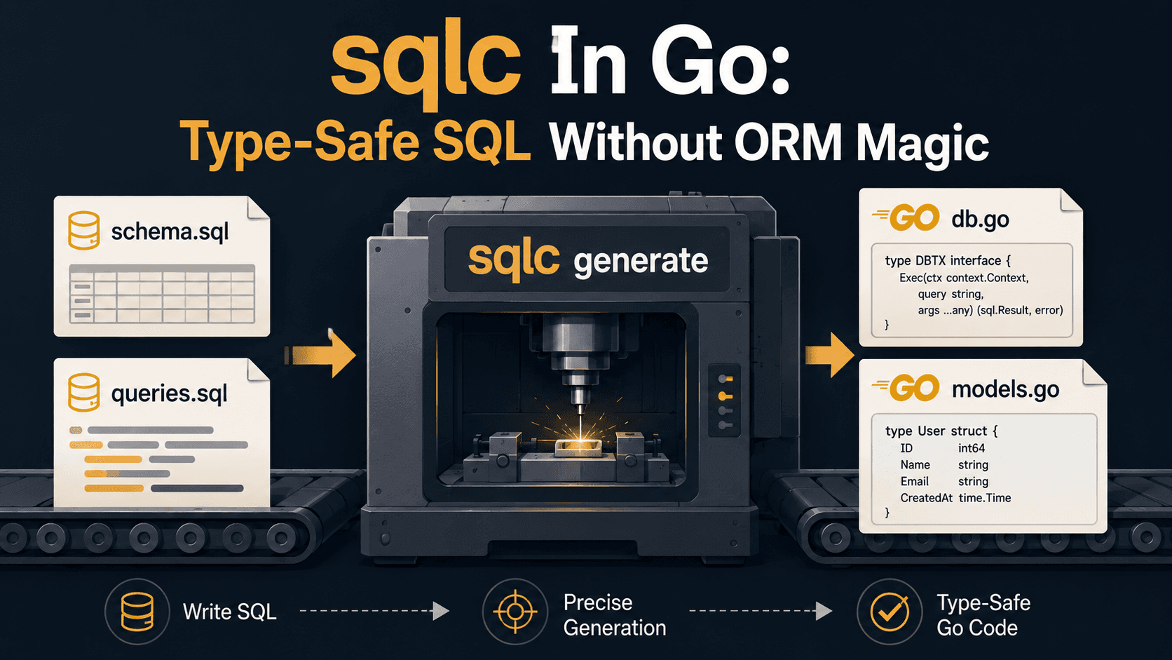 A CNC machine metaphor cover: SQL input files feed into an sqlc generate processor and output typed Go files, with labels schema.sql, queries.sql, sqlc generate, db.go, and models.go in a deep slate and amber flat-vector editorial style.