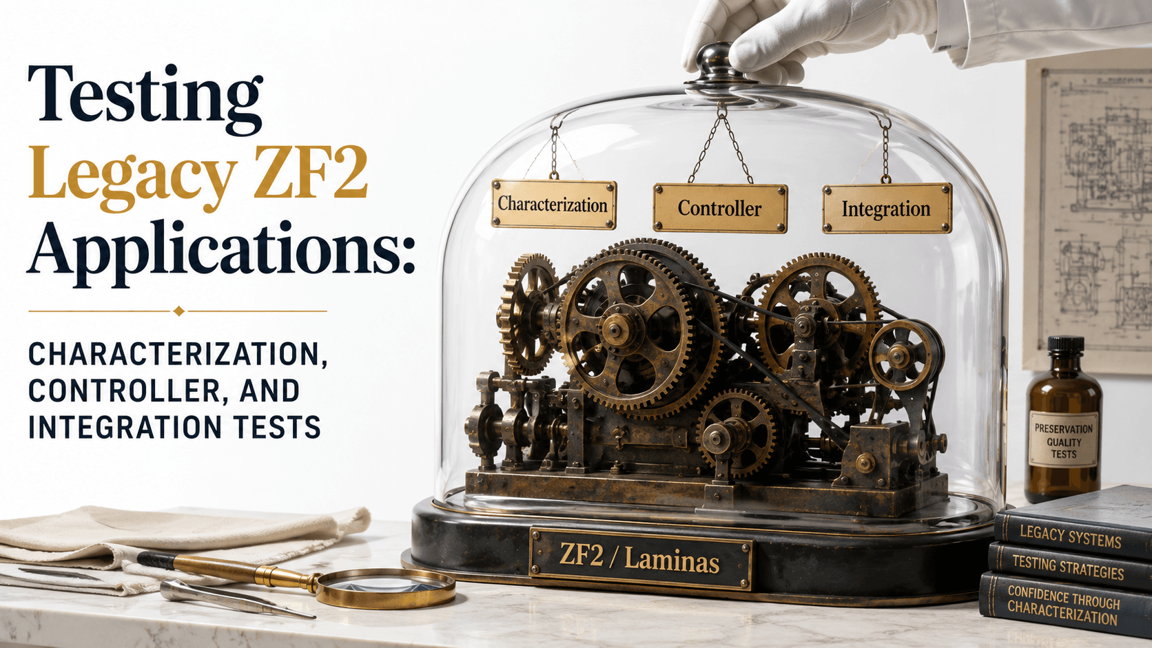 Museum restoration cover for legacy ZF2 testing: a worn bronze gear-and-pulley machine on an editorial workbench, a transparent glass safety dome being lowered over it, three labeled tags reading Characterization, Controller, Integration, and a ZF2 / Laminas plaque at the base