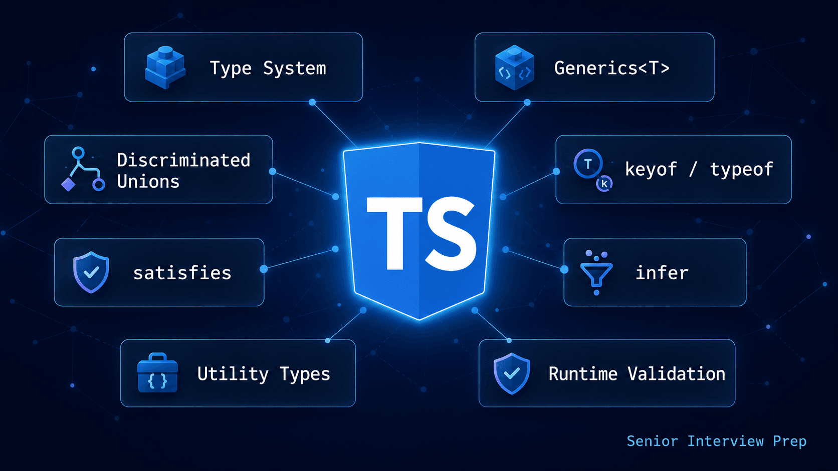 TypeScript interview prep cover: a centered TypeScript shield surrounded by eight orbiting tiles for Type System, Generics, Discriminated Unions, keyof/typeof, satisfies, infer, Utility Types, and Runtime Validation.