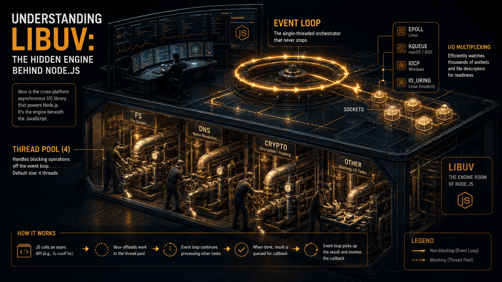 Cutaway of a glass-walled engine room beneath a glowing JavaScript dashboard: a labeled thread pool services fs, dns, and crypto pipes while a separate epoll/kqueue/IOCP loop handles sockets on the floor above.
