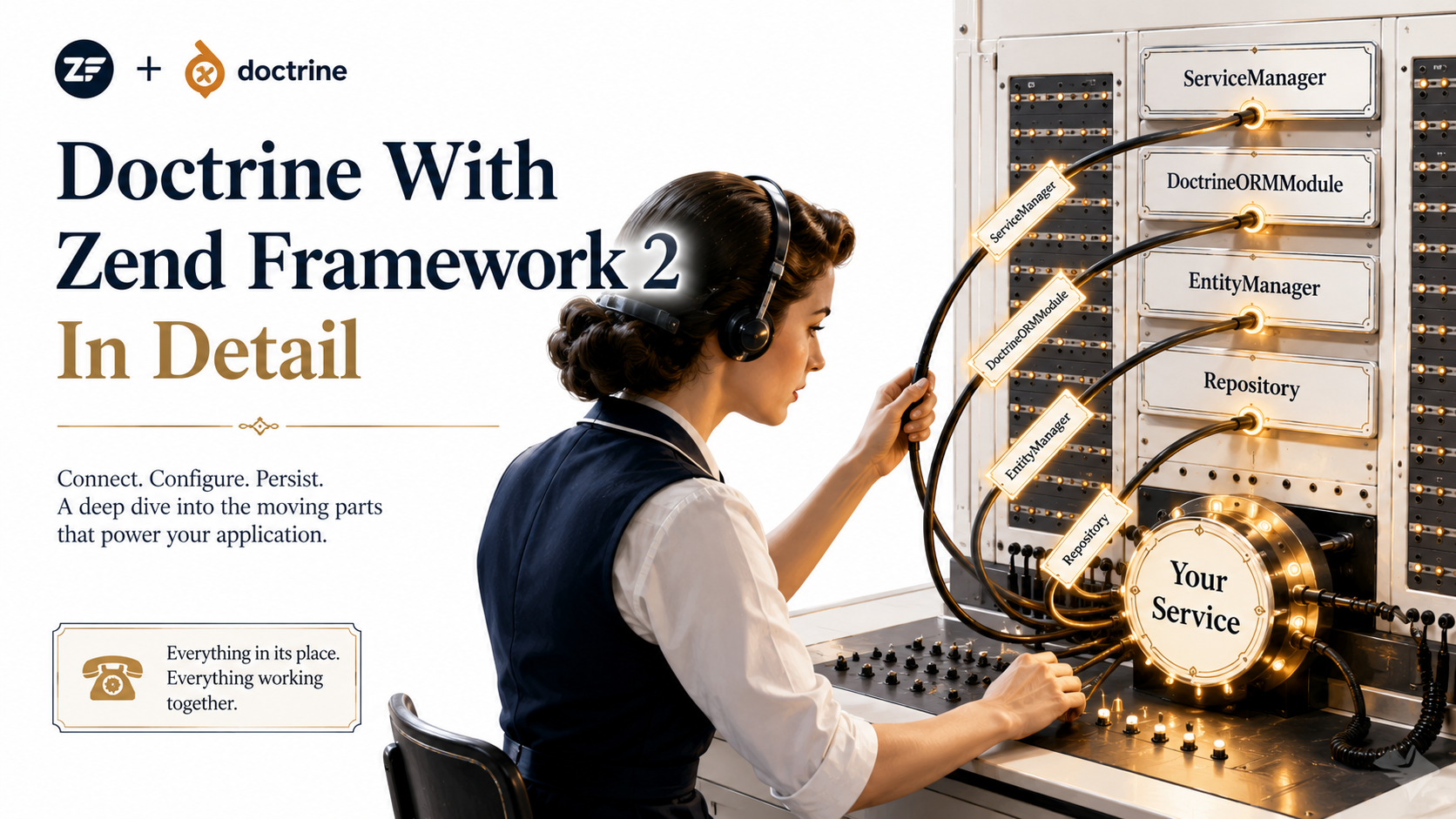 An old-school telephone switchboard with amber-lit cables routing between labeled modules: ServiceManager, DoctrineORMModule, EntityManager, Repository, and Your Service -- visualising how Doctrine wires into Zend Framework 2.
