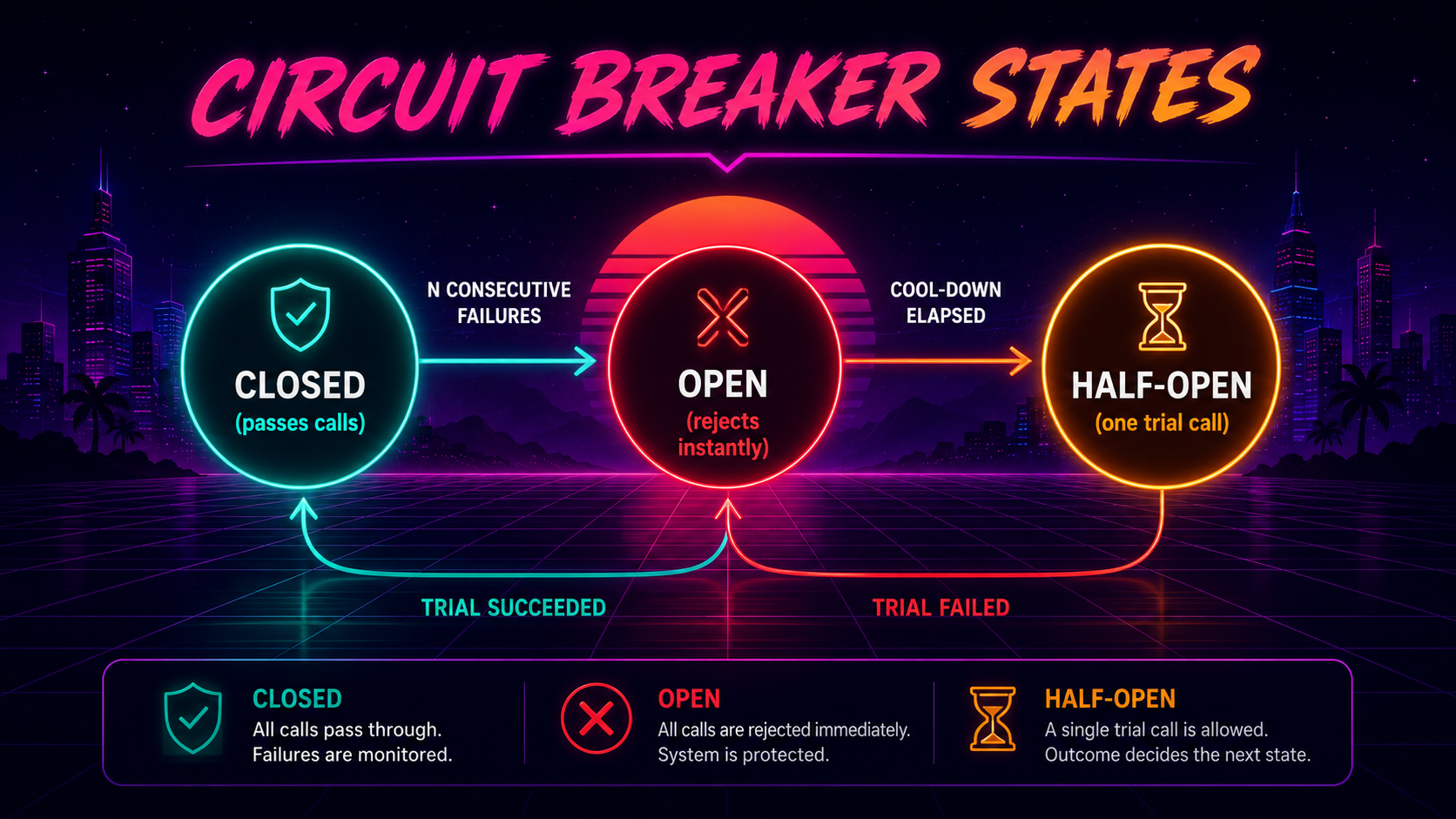 State-machine diagram of a circuit breaker with three states: Closed passing calls, Open rejecting calls instantly, and Half-Open allowing one trial call, with transitions on consecutive failures, cool-down elapsed, and trial success or failure.